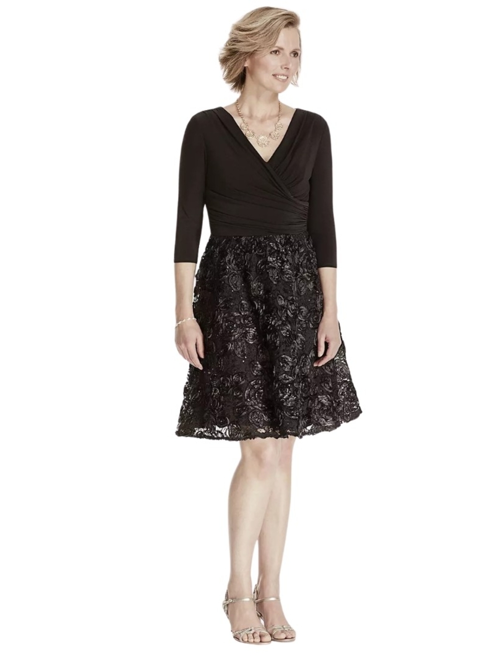 Black V-Neck Fit & Flare Dress with Floral Lace Skirt